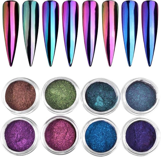 8Pcs Chameleon Chrome Nail Powder,Chrome Powder for Gel Nails Nail Chrome Powder Mirror Effect Holographic Aurora Iridescent Pearlescent Manicure(8 colors)