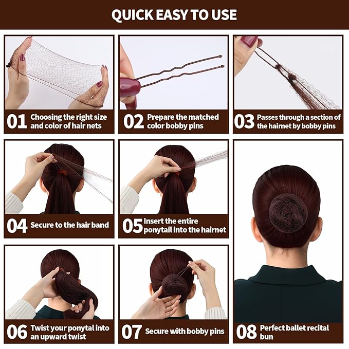 80Pcs Hair Net Set，30 Invisible Elastic Nylon Hair Net，40 U-Shaped Hair Pins and 10 Elastic Hair Ties,Perfect for Ballet Bun, Food Service, and Everyday Use（Brown）