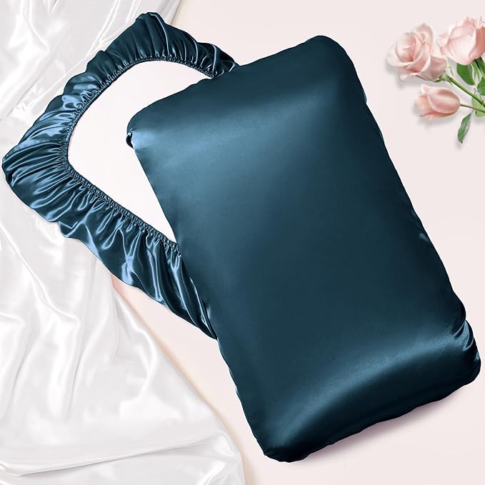 Manyshofu Satin Pillowcases for Hair Protection - 2Pcs Navy Blue Pillow Cases, Elastic Band Standard & Queen Satin Pillowcases Luxury Silky Pillow Cases Travel Pillow Covers