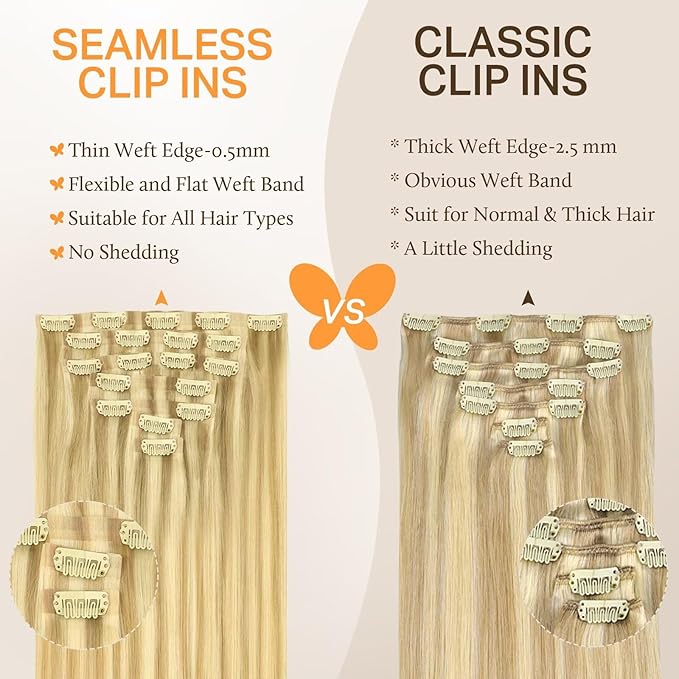 DOORES Clip in Hair Extensions Real Human Hair - DirtyBlonde Highlight Golden Blonde 160g 7pcs 24 Inch, Invisible Edge Natural Straight
