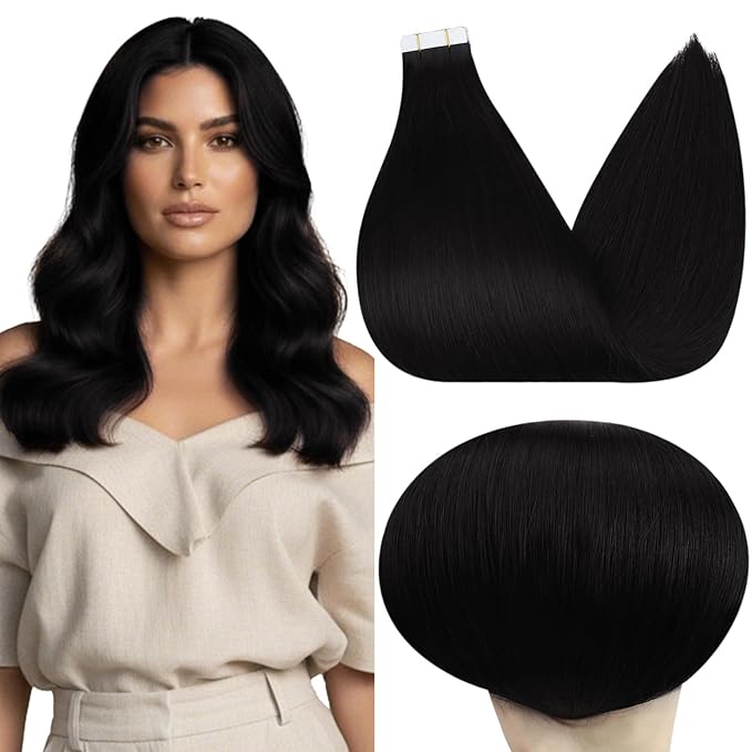 Full Shine Tape in Hair Extensions 16 INCH 100G 40PCS Color 1 Black Tape in Extensions Real Human Hair Straight Hair Extensions Soft Remy Seamless Skin Weft Invisible for Wedding