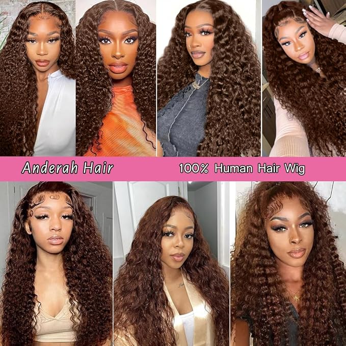 Anderah Chocolate Brown Deep Wave Lace Front Wigs Human Hair 200 Density 13x6 HD Lace Frontal Wigs Curly Human Hair Wig For Women Pre Plucked with Natural Hairline 4# Brown Color (36inch)