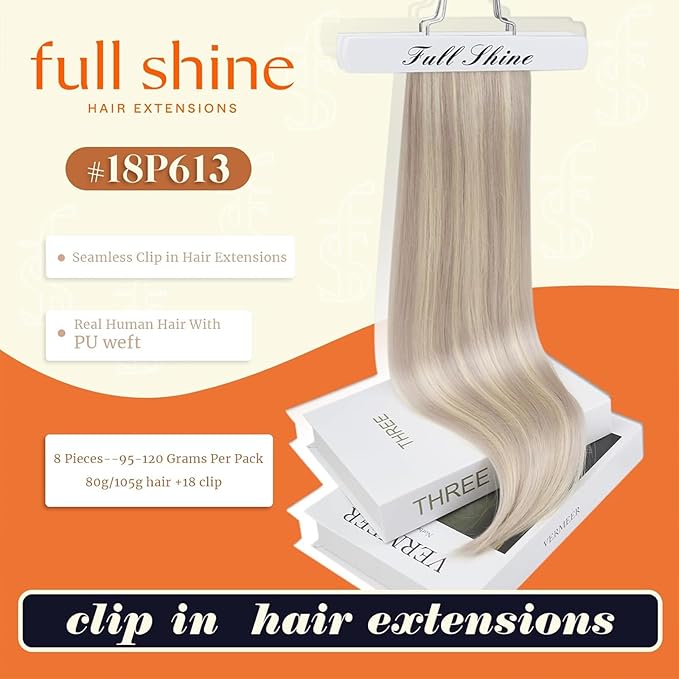 Full Shine Clip in Human Hair Extensions Ash Blonde Mix Platinum Blonde Seamless Clip in Hair Extensions Human Hair Straight Hair Invisible Soft with PU Weft 14 Inch 8 Pcs 120 G