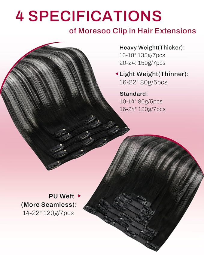 Moresoo Clip in Hair Extensions Real Human Hair Double Weft Human Hair Clip in Extensions Straight Ombre Balayage Black Mixed with Silver Grey 5pcs 80g 22inch