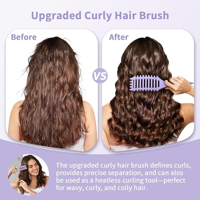 Curl Defining Brush, 4-in-1 Curly Hair Brush – Flexible Styling Brushes for Women and Men, Curls Detangling Hairbrush Featuring a Crescent Shape and Ultra-Smooth Bristles for Wet & Dry Hair - Purple