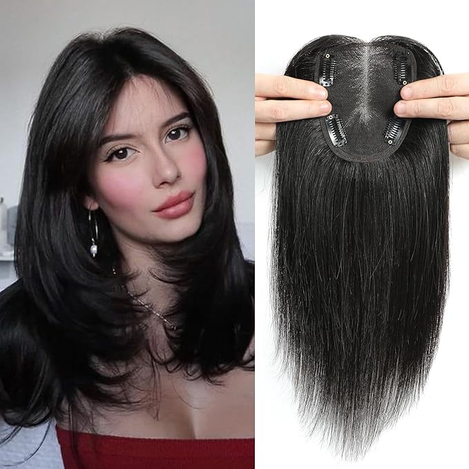 YAMI Real Human Hair Toppers - Clip in Hair Extensions, Larger Swiss Base, 12 Inch, 40g, Natural Black