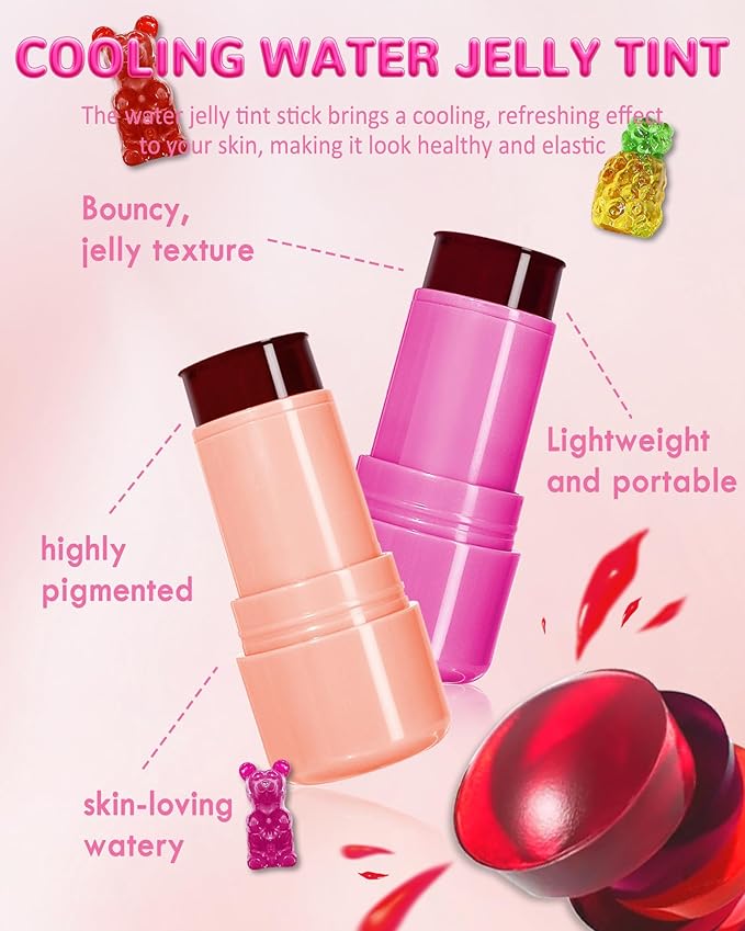 Makeup Jelly Tint,Cooling Water Jelly Tint Coral Blush Stick, Sheer Lip & Cheek Tint Stain, Long Lasting Waterproof Jelly Blush Lip Gloss, Vivid Color, Non-Sticky, Buildable Tinted Jelly Lip Stains-02