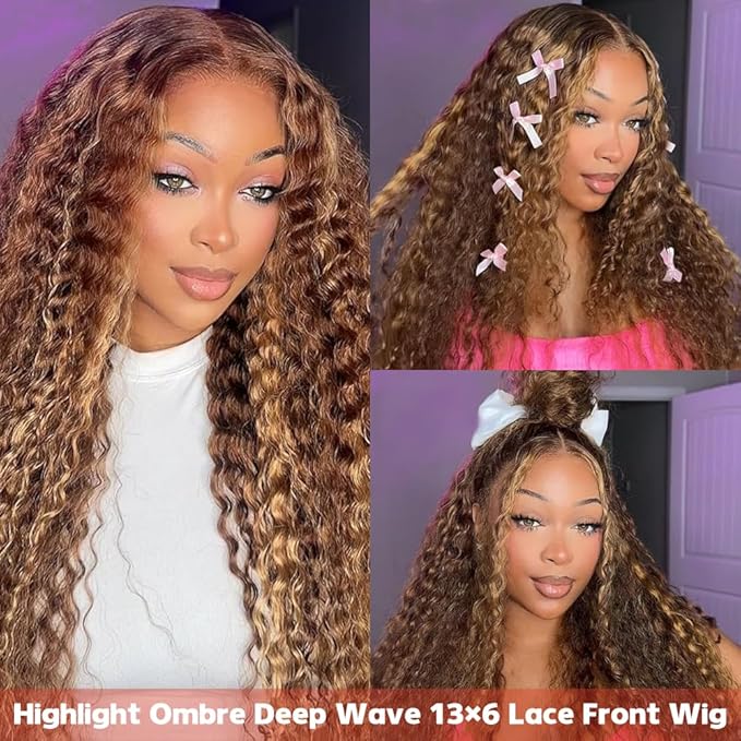 30inch Highlight Ombre Lace Front Wig Human Hair 13x6 HD Honey Blonde 4/27 Deep Wave Lace Front Wigs Human Hair 200 Density Glueless Wigs Human Hair Pre Plucked