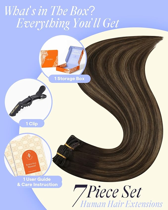 Full Shine Dark Brown Clip in Hair Extensions 16 Inch 135 G Balayage Dark Brown to Ash Brown Remy Hair Extensions Clip ins for Beginners 7 Pcs