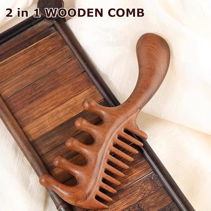 2 in 1 Wooden Comb for Scalp Massage Hair Growth, Wide & Fine Tooth Comb for Stress Relief, Gua Sha, Styling Hair, Scalp Massager Tool Upgrade