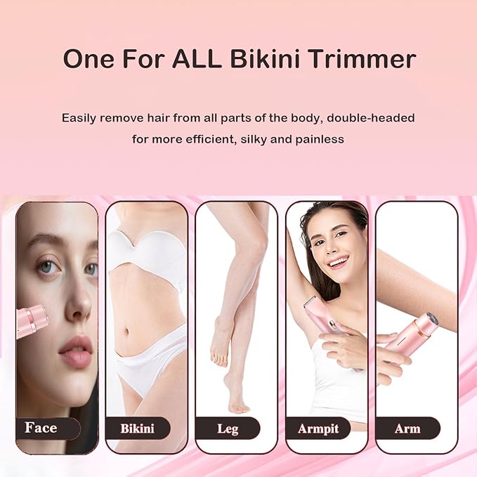 Bikini Trimmer for Women, 2 in 1 Dual Head Bikini Shaver, IPX7 Waterproof Wet and Dry Dual Use Eletctric Razors, USB-C Rechagreable Body Shaver for Public Hair, Silk Skin, Facial and Body