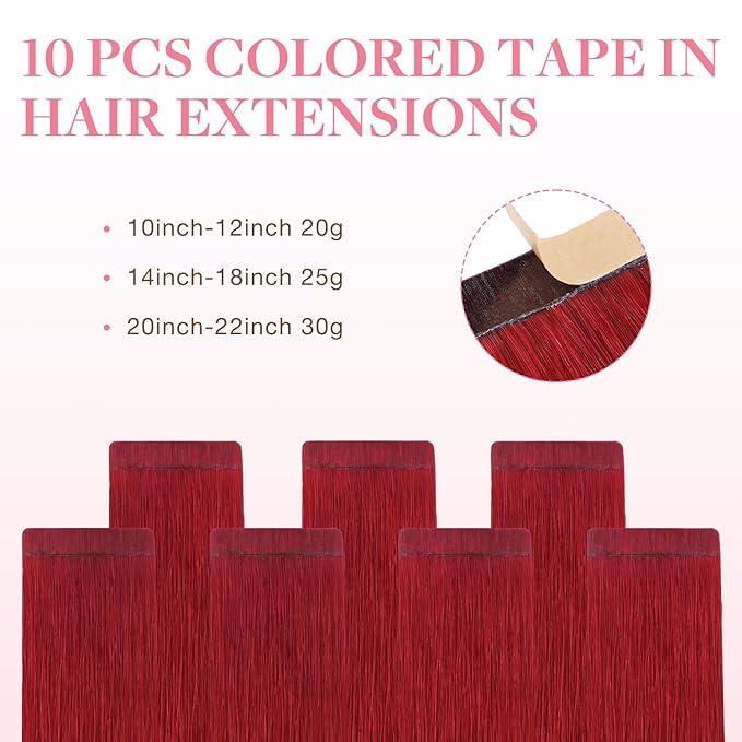 GOO GOO Tape in Hair Extensions Human Hair, Red, 18inch 25g 10pcs, Colored Tape ins Human Hair Extensions, Silky&Soft Invisible Tape Ins, Hair Highlighted for Party