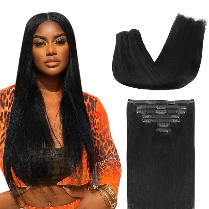 Lashey Seamless Clip in Hair Extensions, Straight Remy Human Hair Extensions 12 Inch #1 Jet Black 7pcs 80g Real Human Hair Extensions with Soft Invisi Edge PU Weft