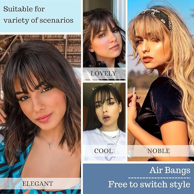 NAYOO Bangs Hair Clip - Brown Fake Bangs 100% Real Human Hair Extensions Wispy Bangs for Women Fringe with Temples Hairpieces Curved Bangs for Daily Wear(Brown, Wispy Bangs)