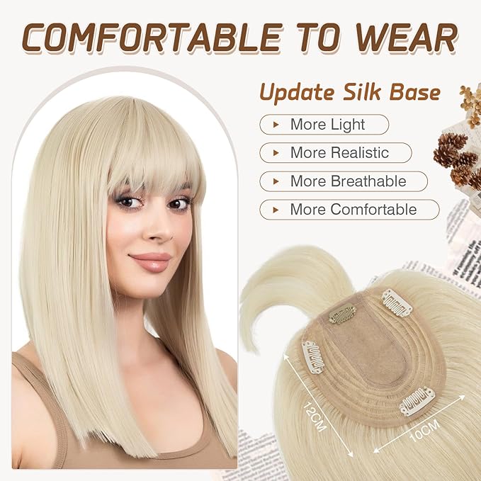 Rich Choices Real Human Hair Topper for Women With Bang - 100% Remy Hair for Thinning Hair, Clip in Silk Base, 12 Inch #60 Platinum Blonde