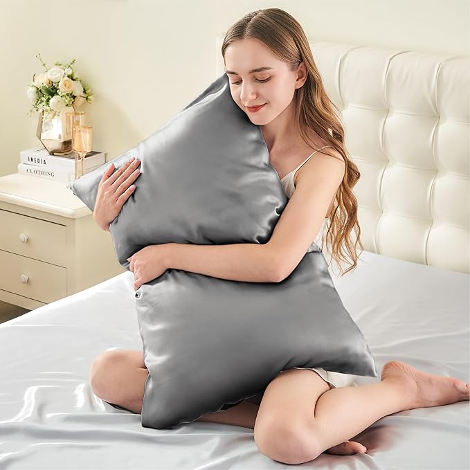 INFIIXSO Mulberry Silk Pillow Cases King Size Set of 2, Silk Pillowcase with Hidden Zipper 20"x36", Extraordinary Smooth and Soft Pillow Case for Hair and Skin(Dark Grey, 2 Pack)