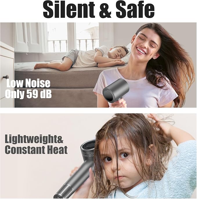 slopehill 110,000 RPM Professional Hair Dryer - 0.8lb Ultra-Lightweight, 2 Billion Ion Technology for 98% Frizz Reduction, AI Smart-Temp Control, Magnetic Attachments for All Hair Types (Dark Grey)