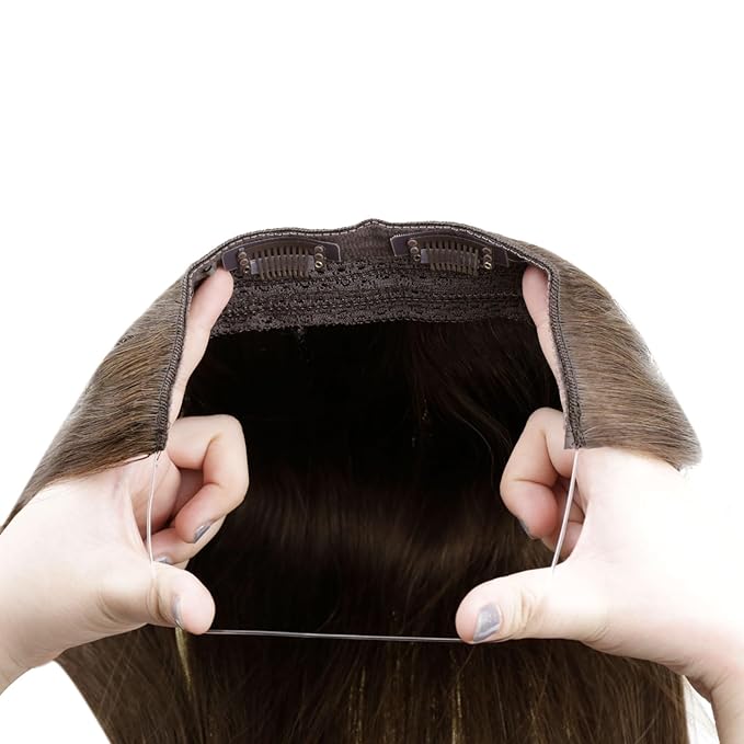 RUNATURE Wire Hair Extensions Real Human Hair Brown, Invisible Wire Hair Extensions 16 Inch, Remy Straight Hair for Party, Natural Looks, Can be Styled #4