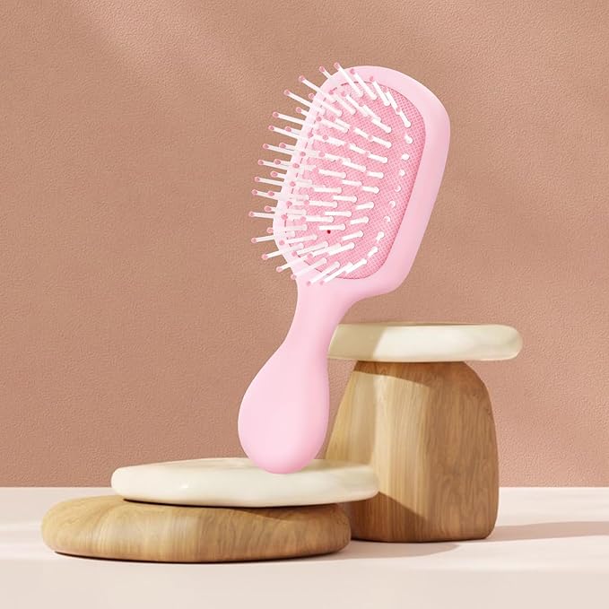 Mini Hair Bursh for Women Men and Kids, Protable Travel Size Hair Brush for Pockets Purses, Mini Detangler Brush for All Hair Types, Small Paddle Brush for Detangling (Pink)