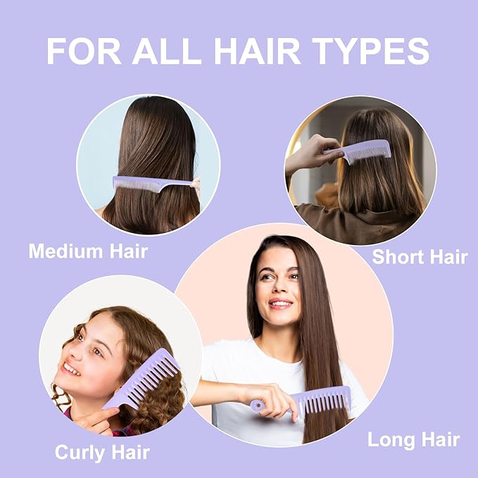 RHOS Hair Comb Set for All Hair Types and Genders - Wide, Fine Rat Tail, and Medium Detangling Combs for Styling (Purple)