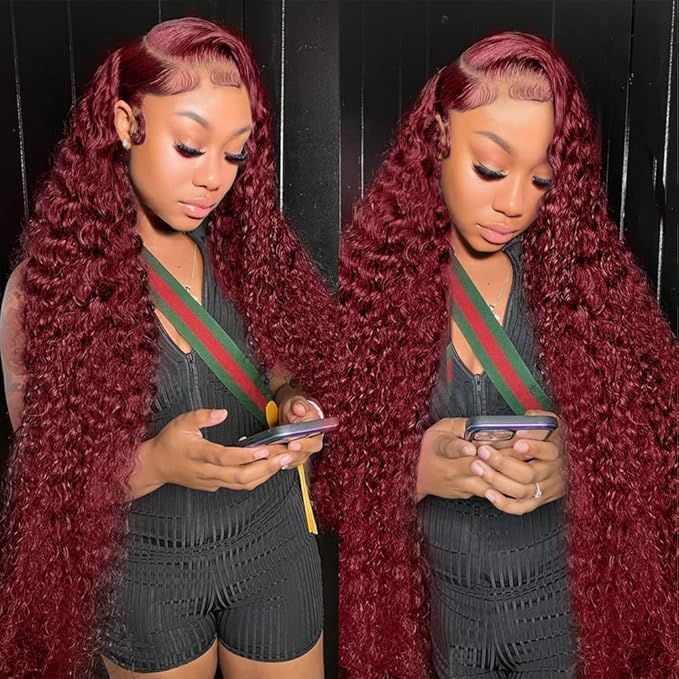 99J Burgundy 13x6 Lace Front Wigs Human Hair 28 Inch Red Burgundy Wig 200% Density Deep Wave Lace Front Wigs Human Hair Pre Plucked Glueless Lace Frontal Wigs for Women