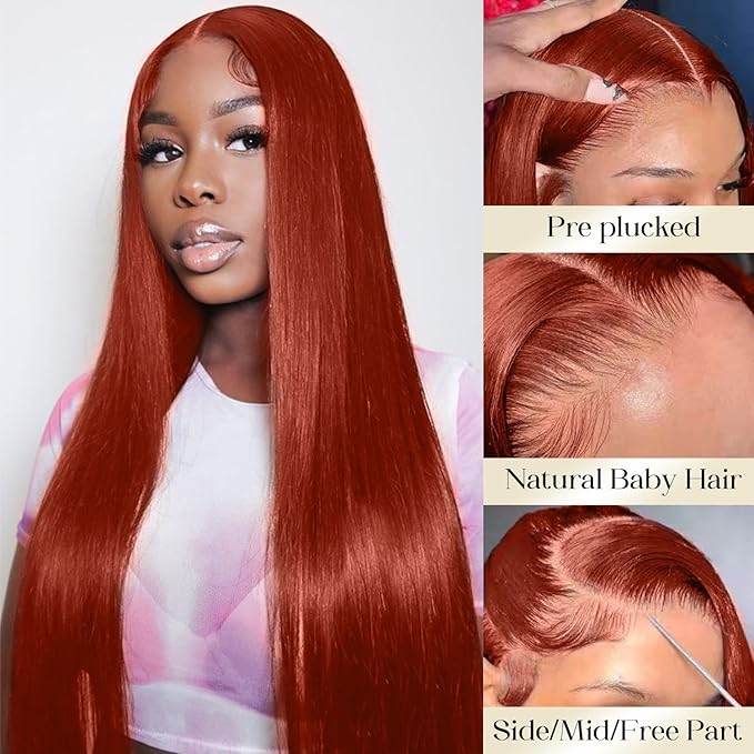 250 Density Straight Lace Front Wigs Human Hair Pre Plucked 13x4 HD Transparent Lace Front Wigs Human Hair for Women Reddish Brown Lace Frontal Wigs 33# Colored 28Inch