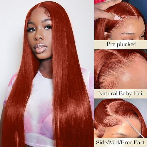 250 Density Straight Lace Front Wigs Human Hair Pre Plucked 13x4 HD Transparent Lace Front Wigs Human Hair for Women Reddish Brown Lace Frontal Wigs 33# Colored 28Inch