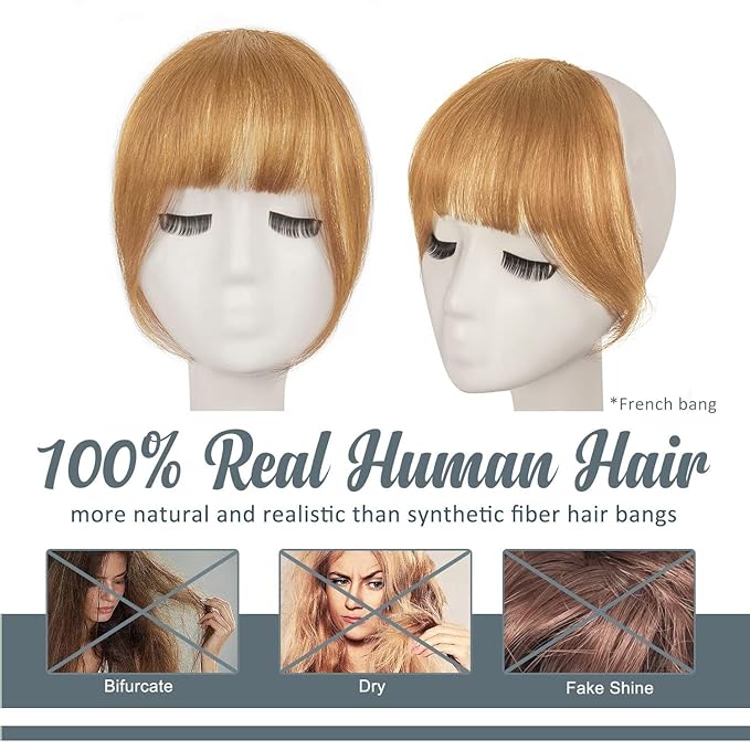 BARSDAR Human Hair Clip in Bangs - Real Human Hair Clip in Bangs for Women - Golden Blonde French Bangs Extensions Fringe with Temples Dyeable Real Hair Bangs Hairpieces - Dark Golden Blonde