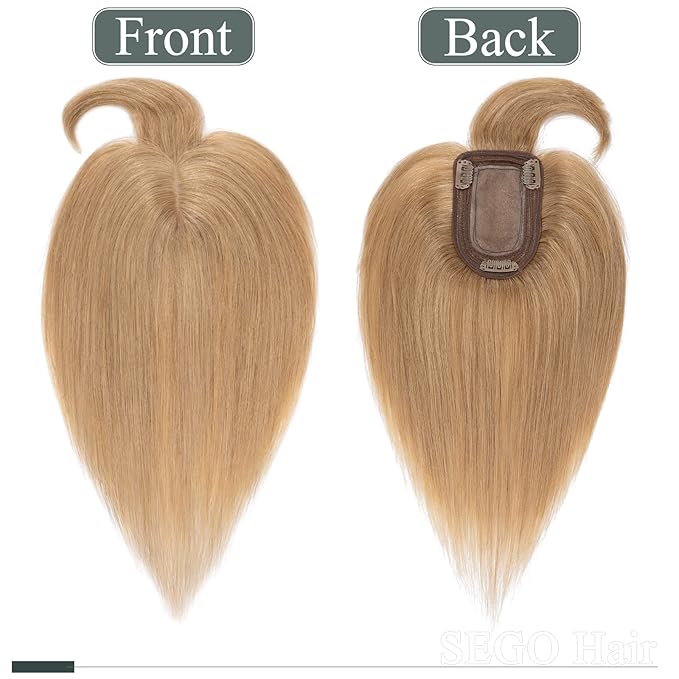 SEGO Hair Toppers for Women Real Human Hair with Thinning, with Front Bangs Clip in Toppers Straight 150% Density Silk Base -18 Inch #27 Dark Blonde