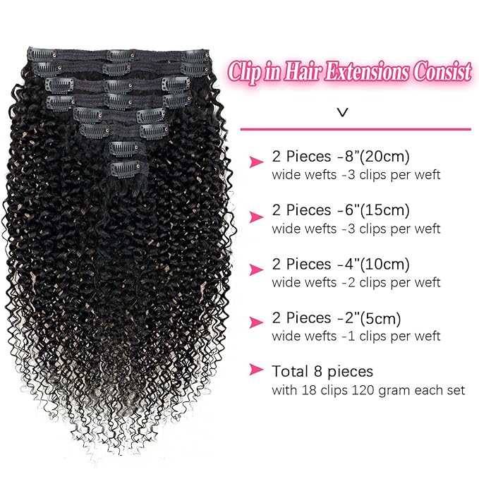 18 Inch Kinky Curly Clip in Extensions Human Hair 3C 4A Curly Clip Ins Full Head for Women Brazilian Remy Human Hair Natural Color 8 Pcs with 18 Clips 120g/Set (18 inch)