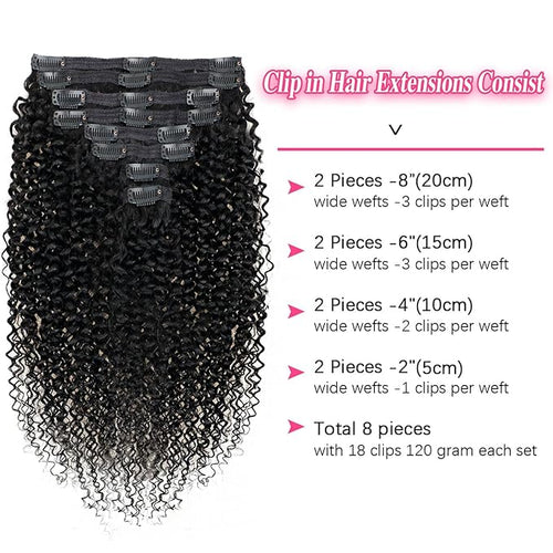 3c 4a Kinky Curly Clip in Hair Extensions Real Human Hair For Women 26 Inch Curly Clip ins Natural Color Clip in Hair Extensions 120g/pack