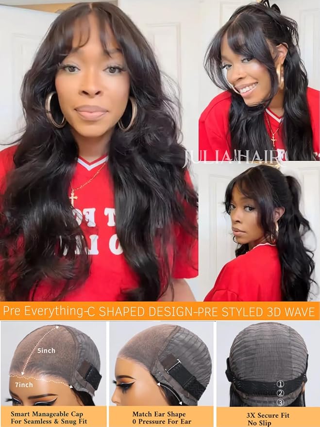 Julia Hair Bye Bye Knots Curtain Bangs Wig Glueless Fluffy Natural Loose Wave Pre Cut 7x5 HD Lace Front Wigs Invisible Pre Plucked Pre Everything Body Wave Put on and Go Wig for Women 22 Inch