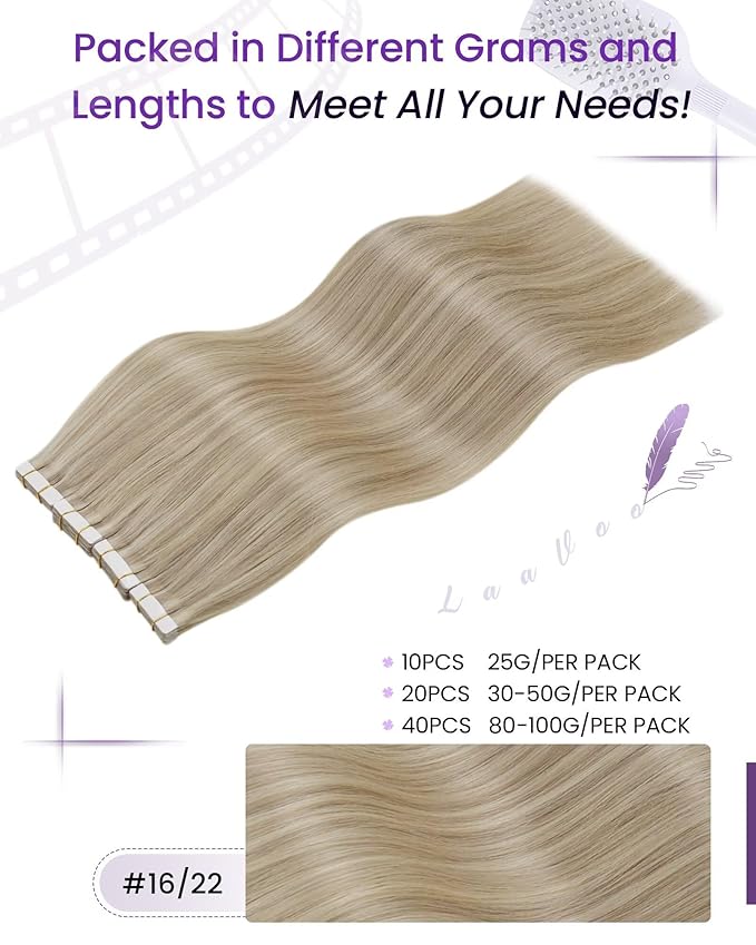 LaaVoo Tape in Human Hair Extensions 20 Inch Blonde Hair Extensions Tape in Dark Ash Blonde Highlighted with Light Blonde 20pcs 50g