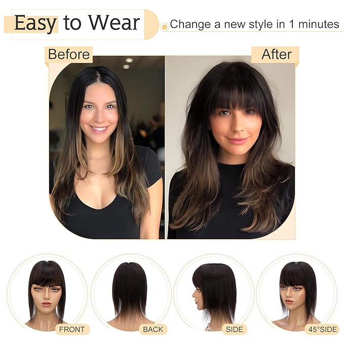 SEGO Hair Toppers for Women Real Human Hair With Bangs, 7 * 13CM Silk Base 100% Remy Human Hair Clip in Top Wiglet Hairpieces Add Volume -10 Inch Natural Black