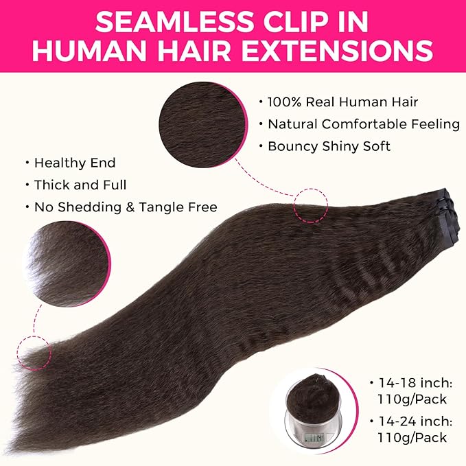 Lashey Seamless Clip in Hair Extensions Human Hair #2 Dark Brown Kinky Straight 7Pcs 110g 18inch Soft Flat PU Weft Real Human Hair Clip in for Women