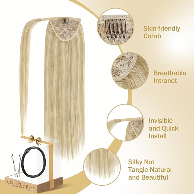 Ve Sunny Hair Extensions Ponytail Real Human Hair Wrap Around Clip in Ponytail Hair Extensions Straight Extensions Human Hair for Women Strawberry Honey Blonde Highlights Bleach Blonde 20inch 80G