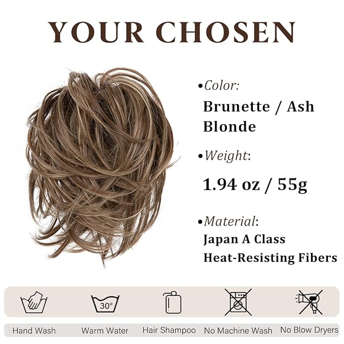 SARLA Messy Hair Bun Hair Pieces Curly Synthetic Updo Fake Scrunchies Ponytail Extension for Women Brunette/Ash Blonde Highlight 1PCS