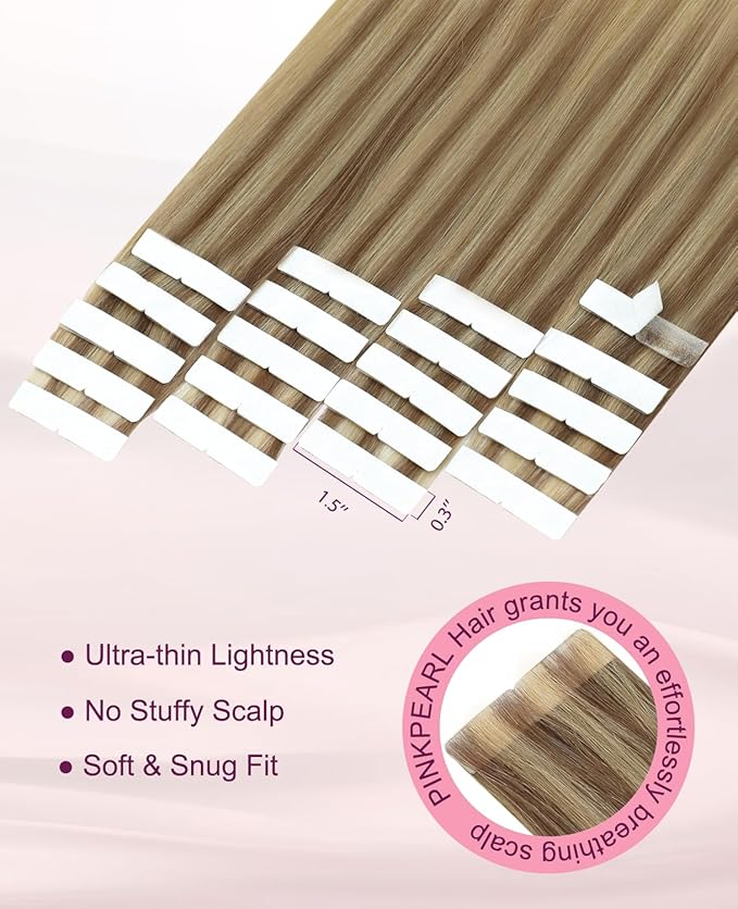 Pinkpearl Invisible Tape in Hair Extensions Human Hair, 20pcs 20inch 55g #10/27/27 Golden Brown to Caramel Blonde Injection Tape in Extensions Real Remy Seamless Human Hair Injected