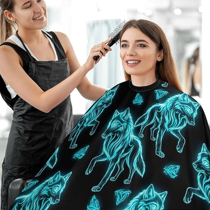 Adjustable Salon Cape, Dyeing Salon Apron Cool Cyan Wolf Art Shampoo Cutting Household Capes Wrap for Hair Dye
