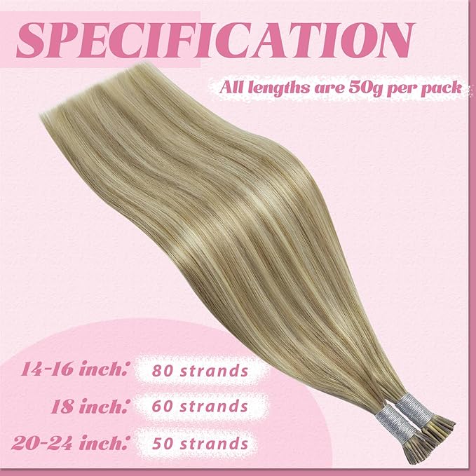 YoungSee Itip Hair Extensions Brown Highlight 20In Human Hair I Tip Extensions Light Brown Highlight Blonde Cold Fusion Hair Extension 50s 50g I-Tip Hair Extension Easy to Blend with Natural Hair