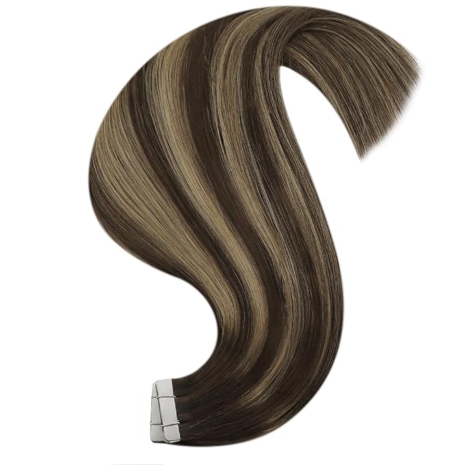 YoungSee Human Hair Tape in Extensions Brown Balayage Tape in Hair Extensions Dark Brown Ombre Blonde Seamless Tape-in Hair Extension Human Hair 22In Straight Hair Extension Long 20pcs 50g
