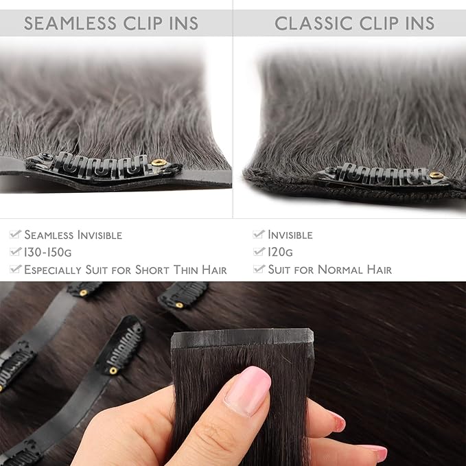 WENNALIFE Seamless Clip In Hair Extensions Human Hair, 12 Inch 80g 7pcs Dark Brown Real Hair Extensions Clip in Human Hair Invisible PU Skin Weft Natural Remy Hair
