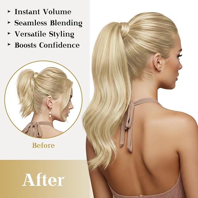 Ve Sunny Hair Extensions Ponytail Real Human Hair 80G Wrap Around Clip in Ponytail Hair Extensions Straight Extensions Human Hair for Women Strawberry Honey Blonde Highlights Bleach Blonde 14inch