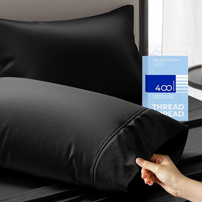 THREAD SPREAD 100% Cotton King Size Pillow Cases Set of 2-400 Thread Count Pillow Cases King Size Set of 2 (Black), Luxuriously Soft Hotel Quality Sateen Weave Pillowcases, Crisp & Cool
