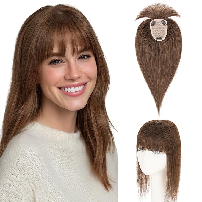 Hairro Human Hair Toppers with Wispy Bangs, 3.5x4.7" Hand-wovened Base for Women with Thinning Hair, Lightweight & Breathable Realistic Scalp, Clip-in Hairpieces for Easy Wear, 10 Inch Dark Brown