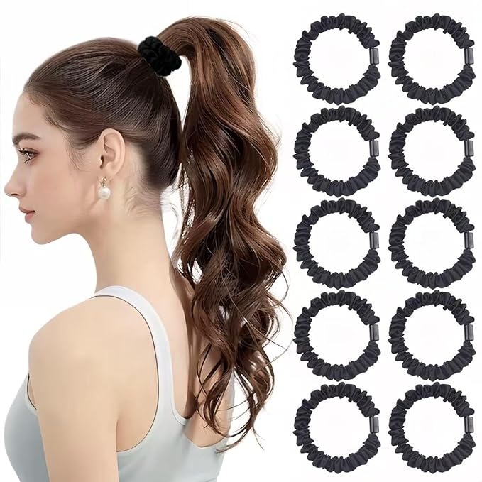 10 Pcs Black Small Satin Hair Ties No Damage for Women Girls Thick Thin Hair, Small Satin Scrunchies Hair Ties Skinny Hair Elastic Bands Ponytail Holders for Women Hair Accessories