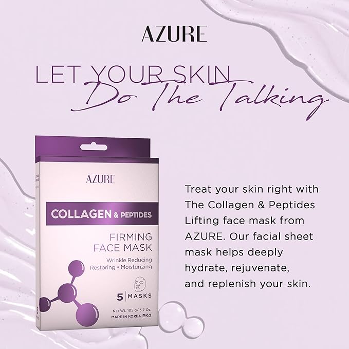 AZURE Collagen & Peptides Lifting Sheet Facial Mask - Restoring, Smoothing & Moisturizing Face Mask - Helps Reduce Fine Lines & Wrinkles, Smooths & Repairs - Skin Care Made in Korea - 10 Pack