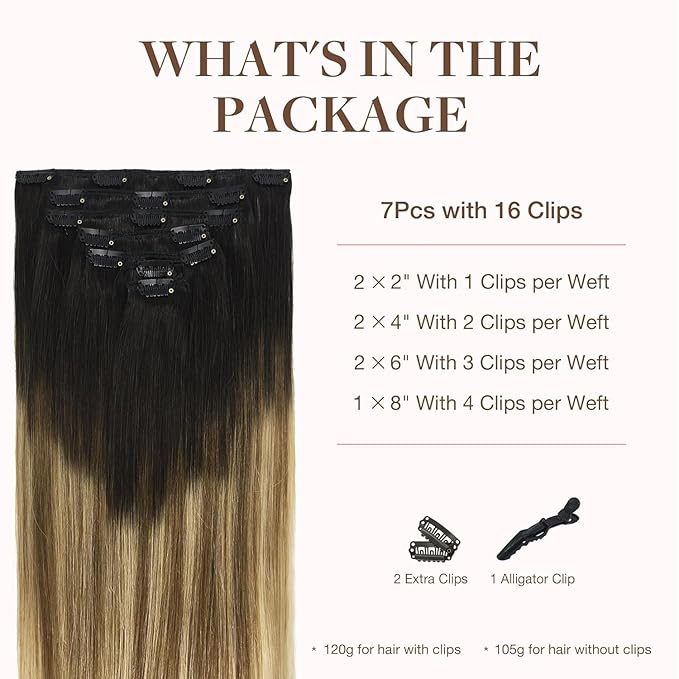 GOO GOO Clip in Hair Extensions Real Human Hair, Remy Human Hair Extensions Clip ins for Women, Natural Human Hair, 14inch 120g 7Pcs, 2/6/18 Balayage Brown to Dirty Blonde