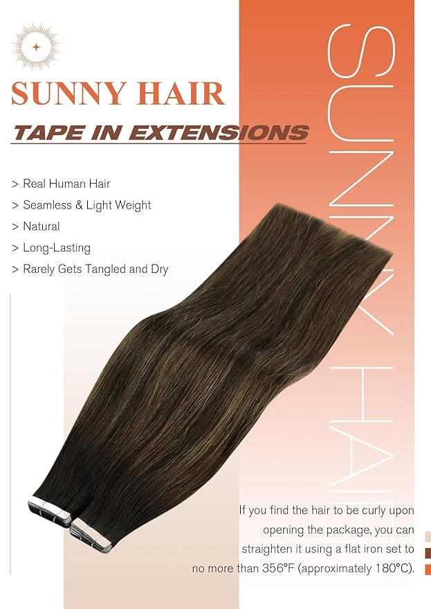 Sunny Hair Tape in Hair Extensions Human Hair 20 Inch Hair Extensions Real Human Hair Tape in Extensions for Women Darkest Brown Ombre Medium Brown Balayage Remy Hair Straight Skin Weft 40pcs 100g