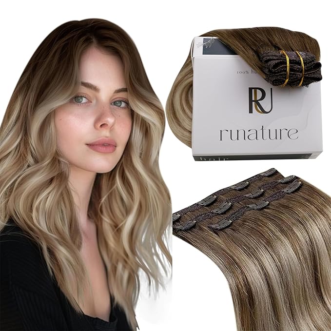 RUNATURE Clip in Hair Extensions Human Hair Balayage Clip in Human Hair Extensions for Women Soft Remy Natural Hair Straight 18 Inch 50g 3pcs #3/8/22 Walnut Brown to Blonde Balayage